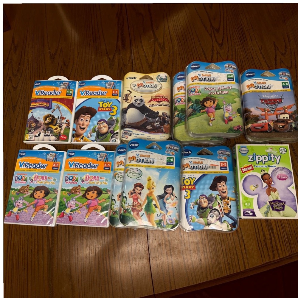 VTech V.Reader V.Smile Motion LeapFrog Zippity Game Bundle Toy Story Dora Cars